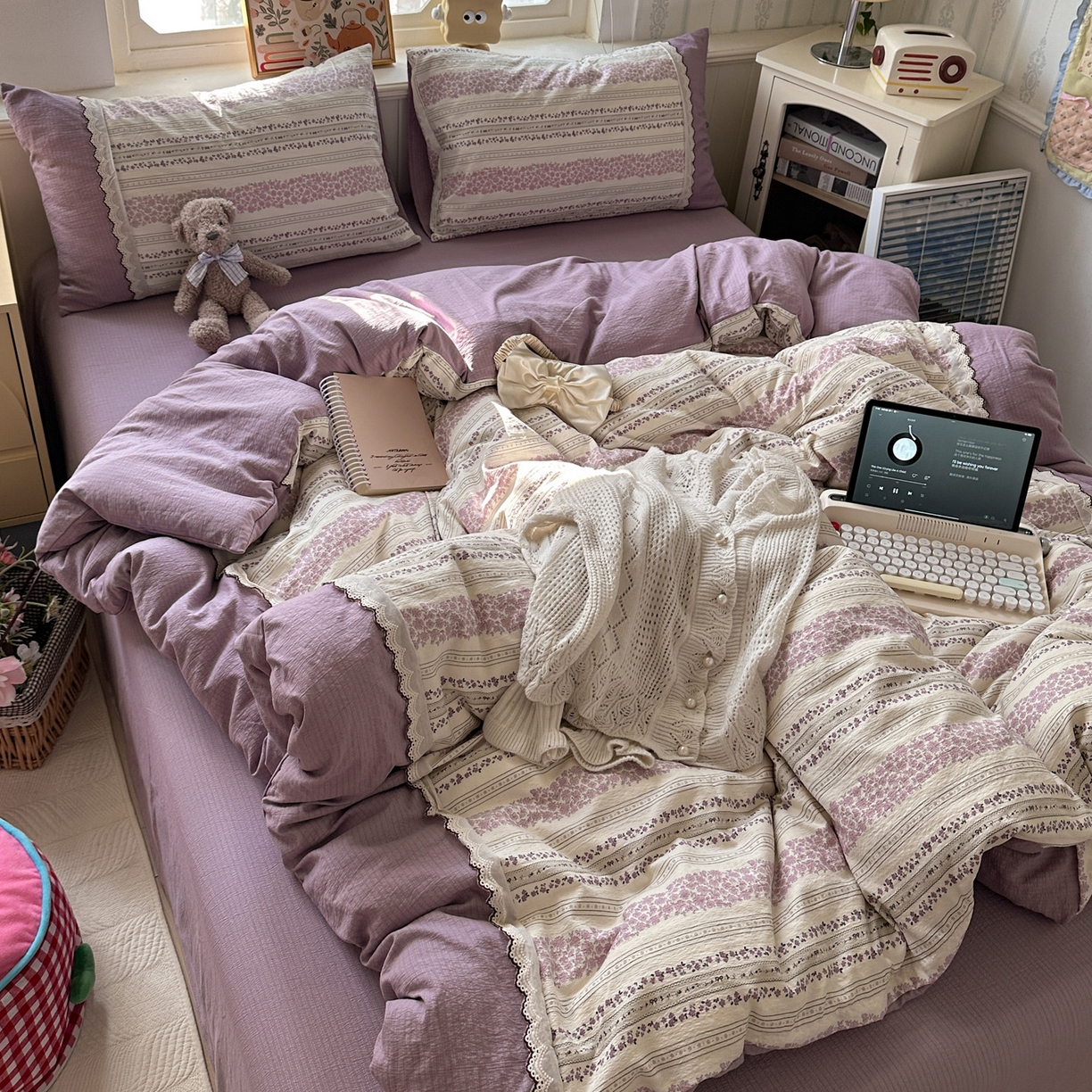 91家纺网 家纺一手货源 找家纺 水墨江南 2025新款云感皱皱纱全棉花边四件套场景一 花边款-花序