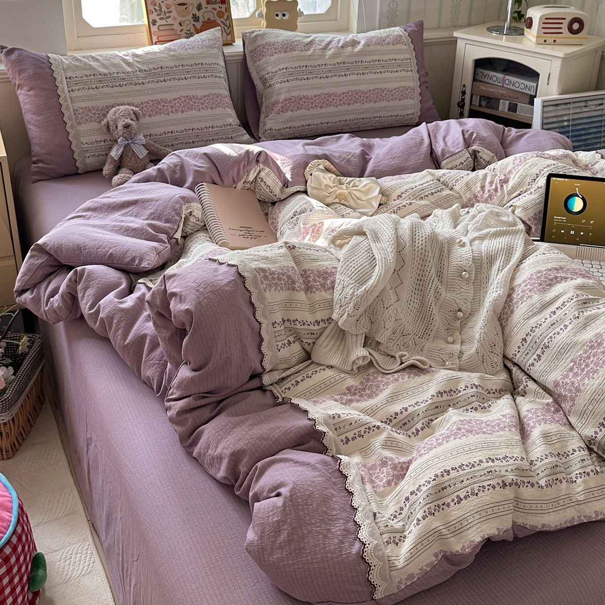 91家纺网 家纺一手货源 找家纺 水墨江南 2025新款云感皱皱纱全棉花边四件套场景一 花边款-花序