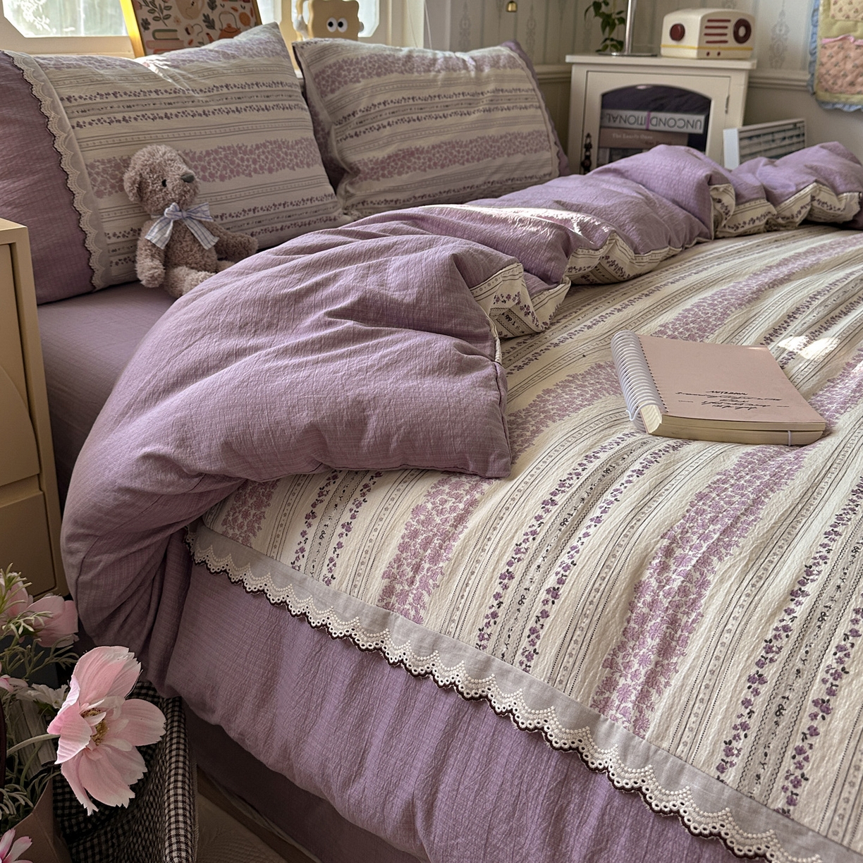 91家纺网 家纺一手货源 找家纺 水墨江南 2025新款云感皱皱纱全棉花边四件套场景一 花边款-花序