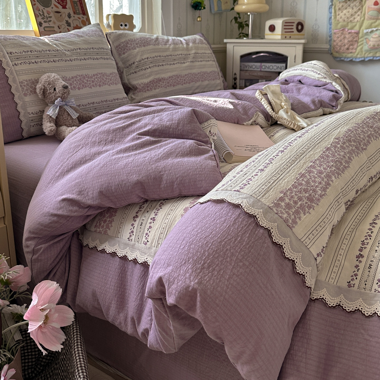 91家纺网 家纺一手货源 找家纺 水墨江南 2025新款云感皱皱纱全棉花边四件套场景一 花边款-花序