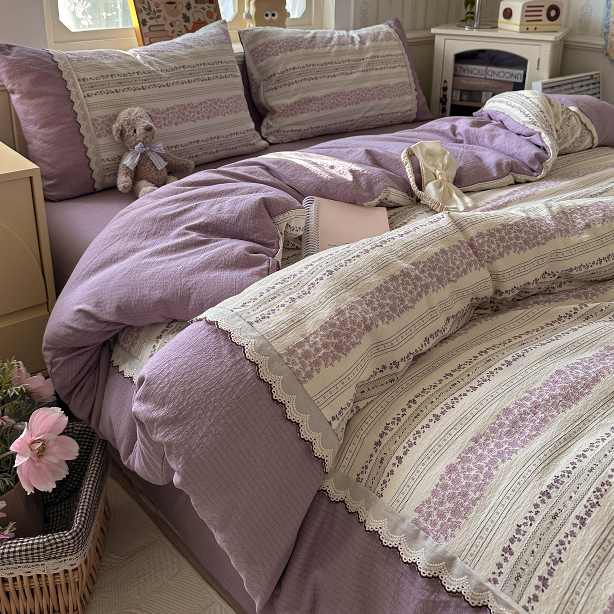 91家纺网 家纺一手货源 找家纺 水墨江南 2025新款云感皱皱纱全棉花边四件套场景一 花边款-花序