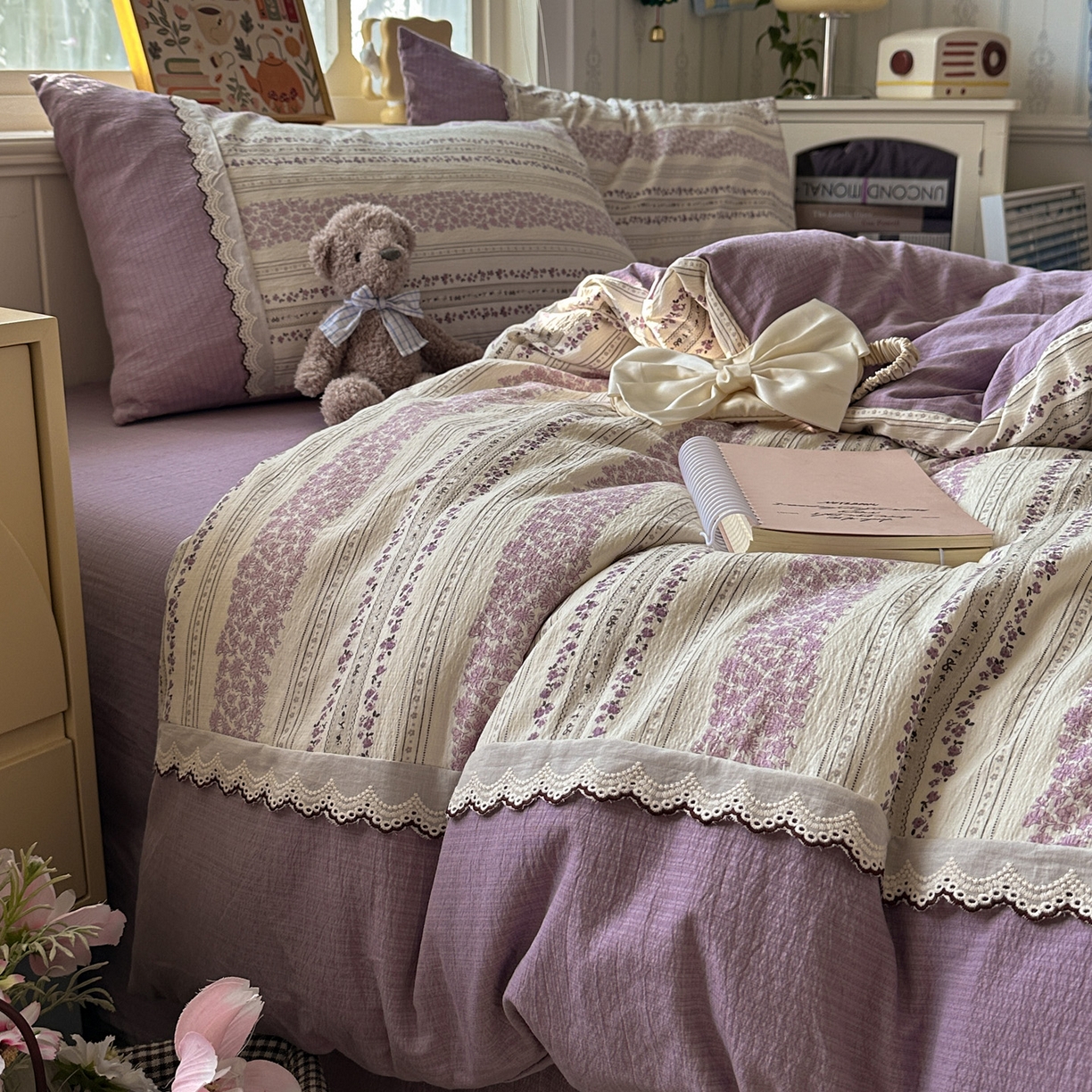 91家纺网 家纺一手货源 找家纺 水墨江南 2025新款云感皱皱纱全棉花边四件套场景一 花边款-花序