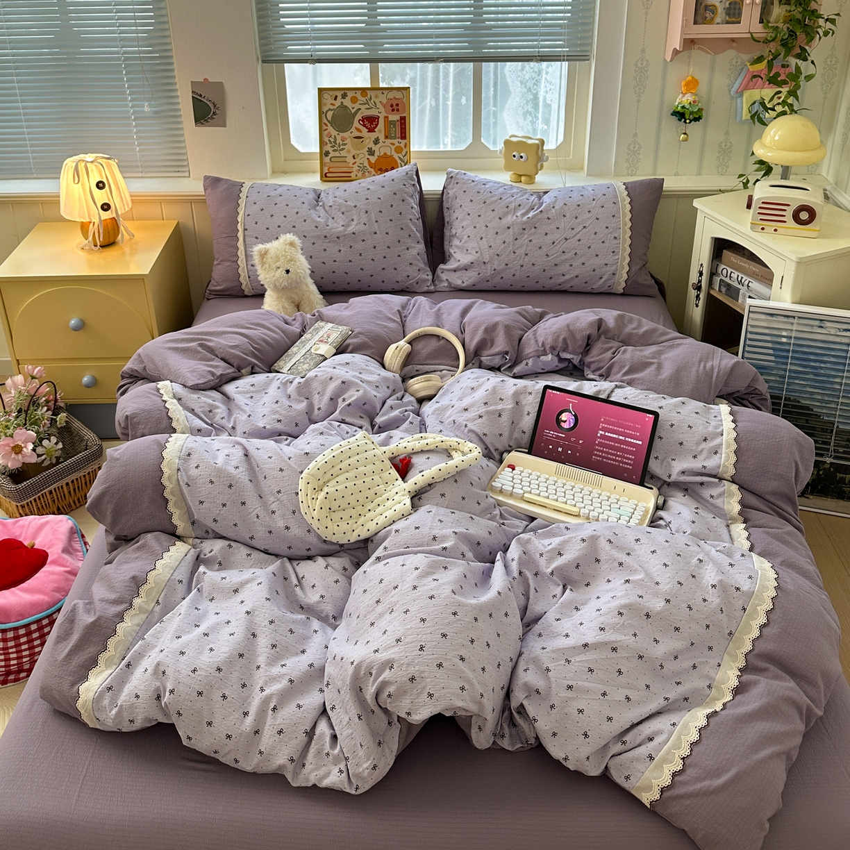 91家纺网 家纺一手货源 找家纺 水墨江南 2025新款云感皱皱纱全棉花边四件套场景一 花边款-欢乐颂