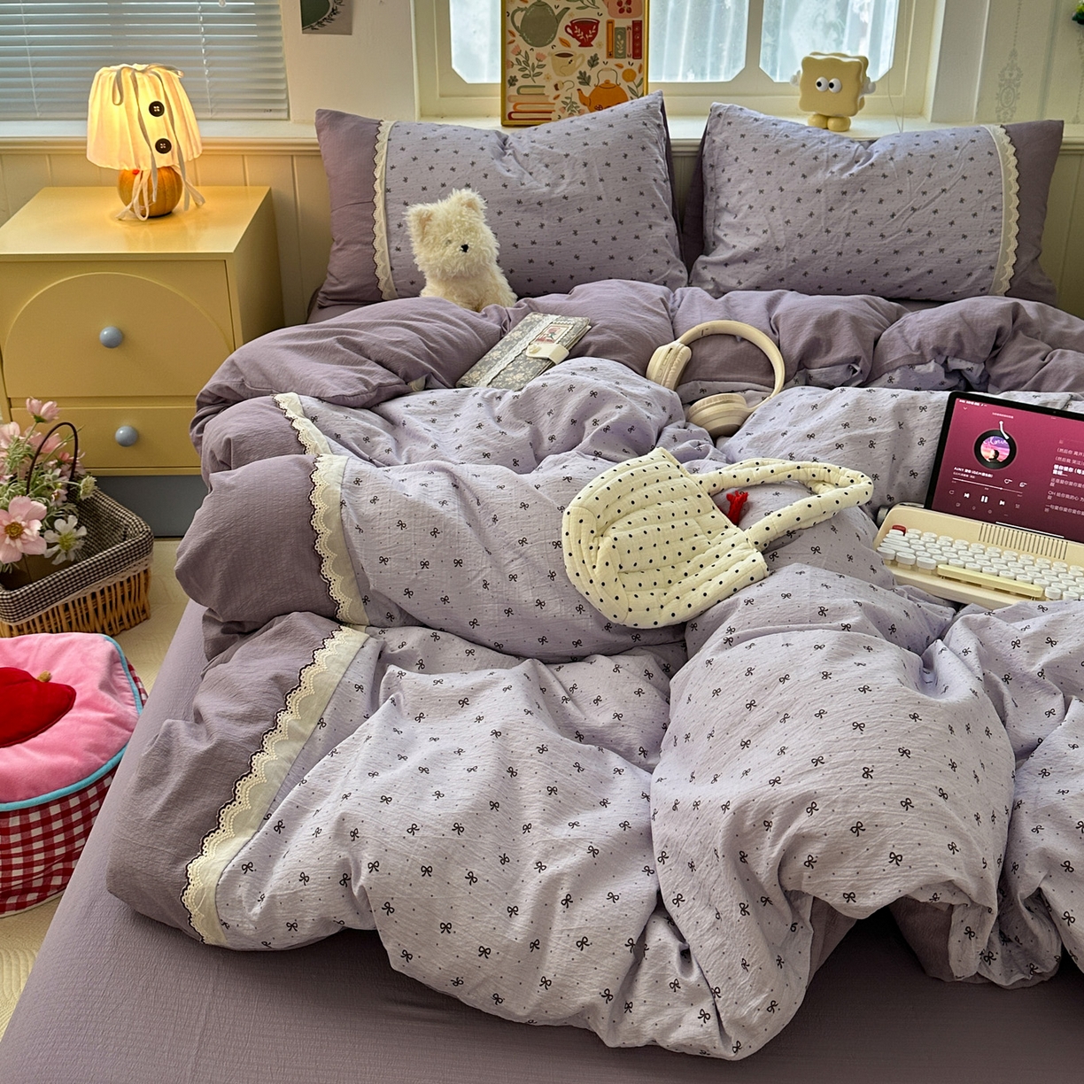 91家纺网 家纺一手货源 找家纺 水墨江南 2025新款云感皱皱纱全棉花边四件套场景一 花边款-欢乐颂