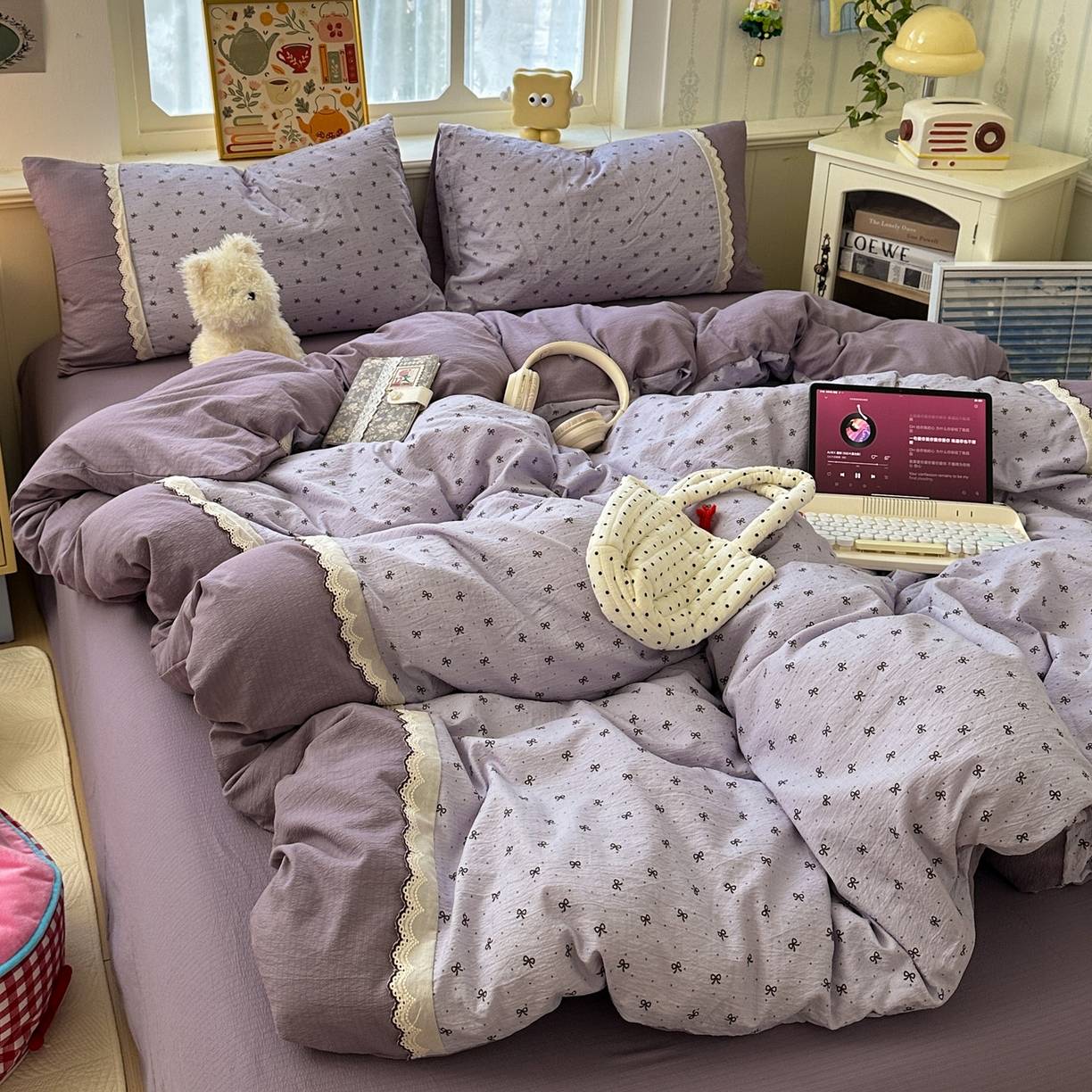 91家纺网 家纺一手货源 找家纺 水墨江南 2025新款云感皱皱纱全棉花边四件套场景一 花边款-欢乐颂