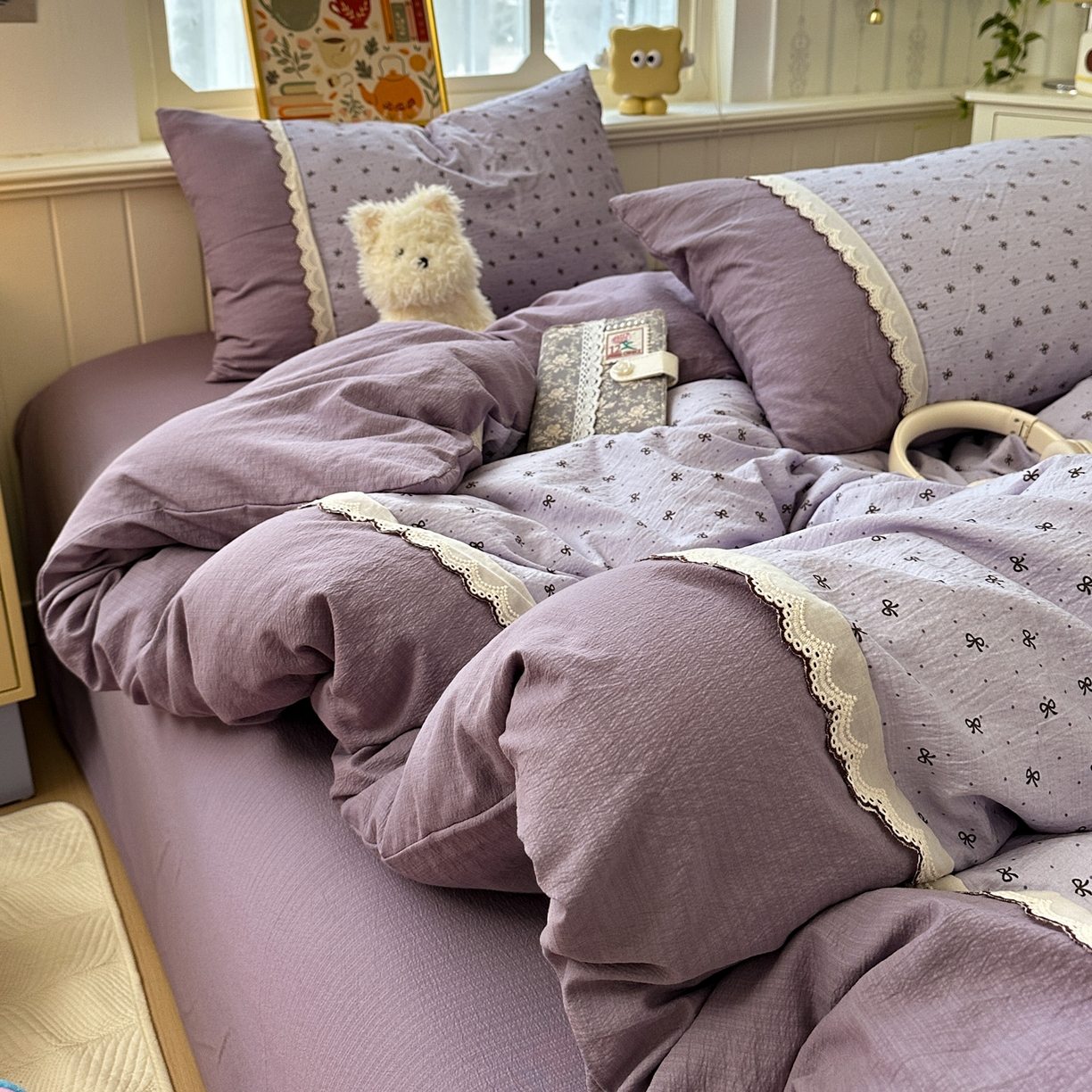 91家纺网 家纺一手货源 找家纺 水墨江南 2025新款云感皱皱纱全棉花边四件套场景一 花边款-欢乐颂