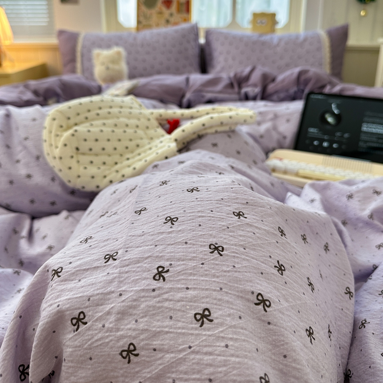 91家纺网 家纺一手货源 找家纺 水墨江南 2025新款云感皱皱纱全棉花边四件套场景一 花边款-欢乐颂