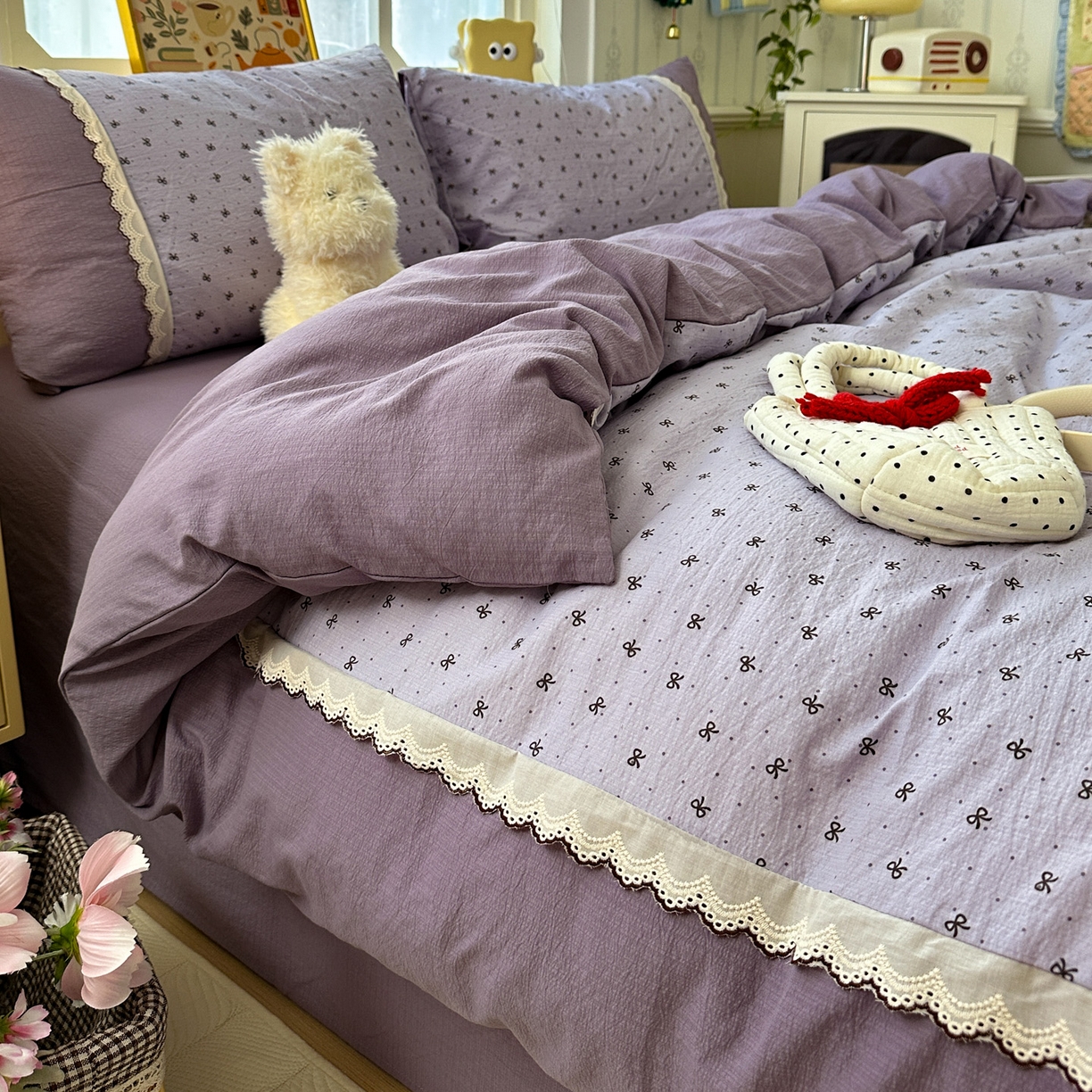 91家纺网 家纺一手货源 找家纺 水墨江南 2025新款云感皱皱纱全棉花边四件套场景一 花边款-欢乐颂