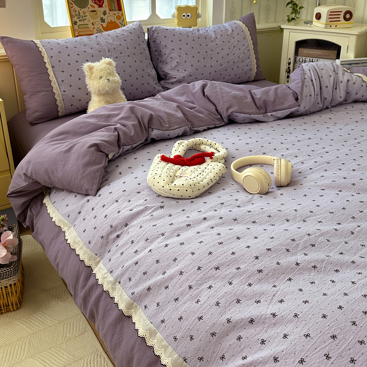 91家纺网 家纺一手货源 找家纺 水墨江南 2025新款云感皱皱纱全棉花边四件套场景一 花边款-欢乐颂