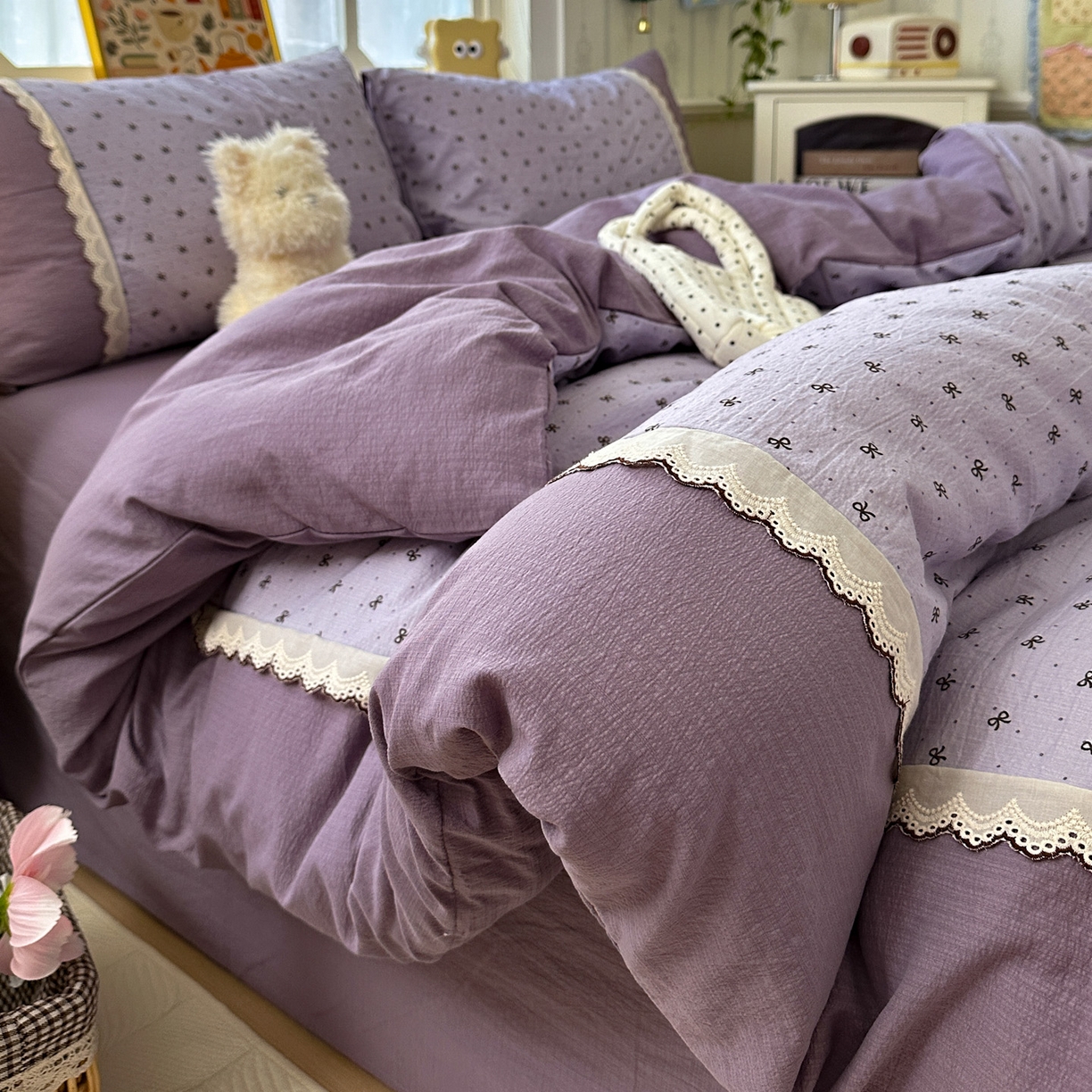 91家纺网 家纺一手货源 找家纺 水墨江南 2025新款云感皱皱纱全棉花边四件套场景一 花边款-欢乐颂