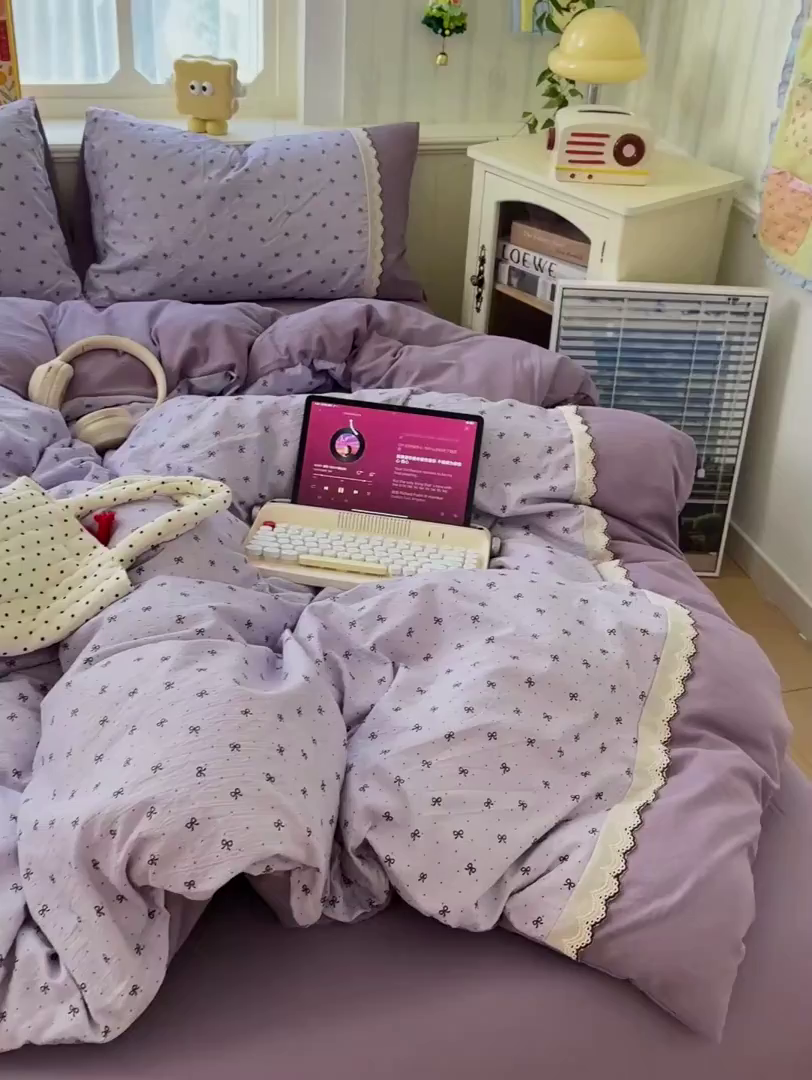 91家纺网 家纺一手货源 找家纺 水墨江南 2025新款云感皱皱纱全棉花边四件套场景一 花边款-欢乐颂