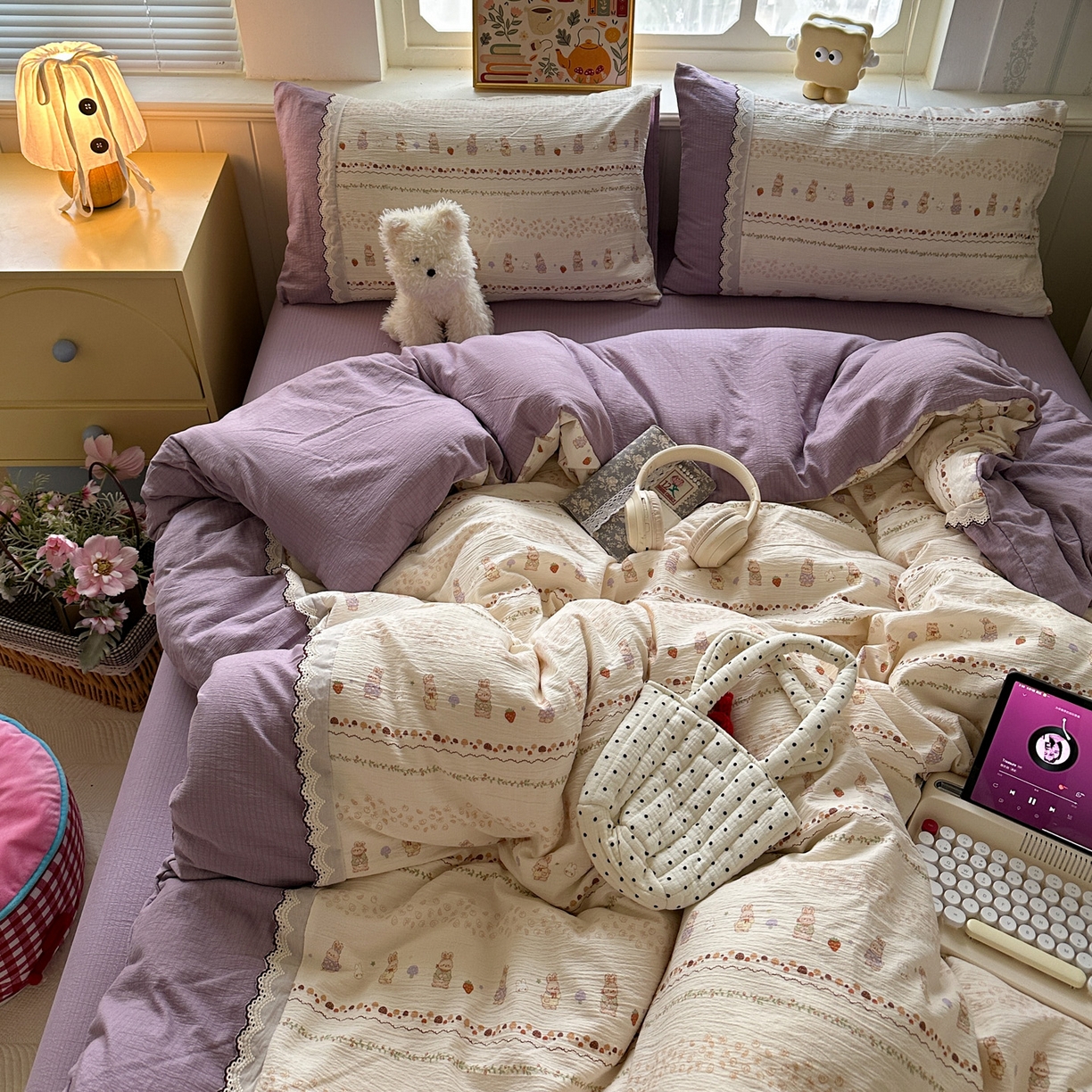 水墨江南 2025新款云感皱皱纱全棉花边四件套场景一 花边款-快乐小兔