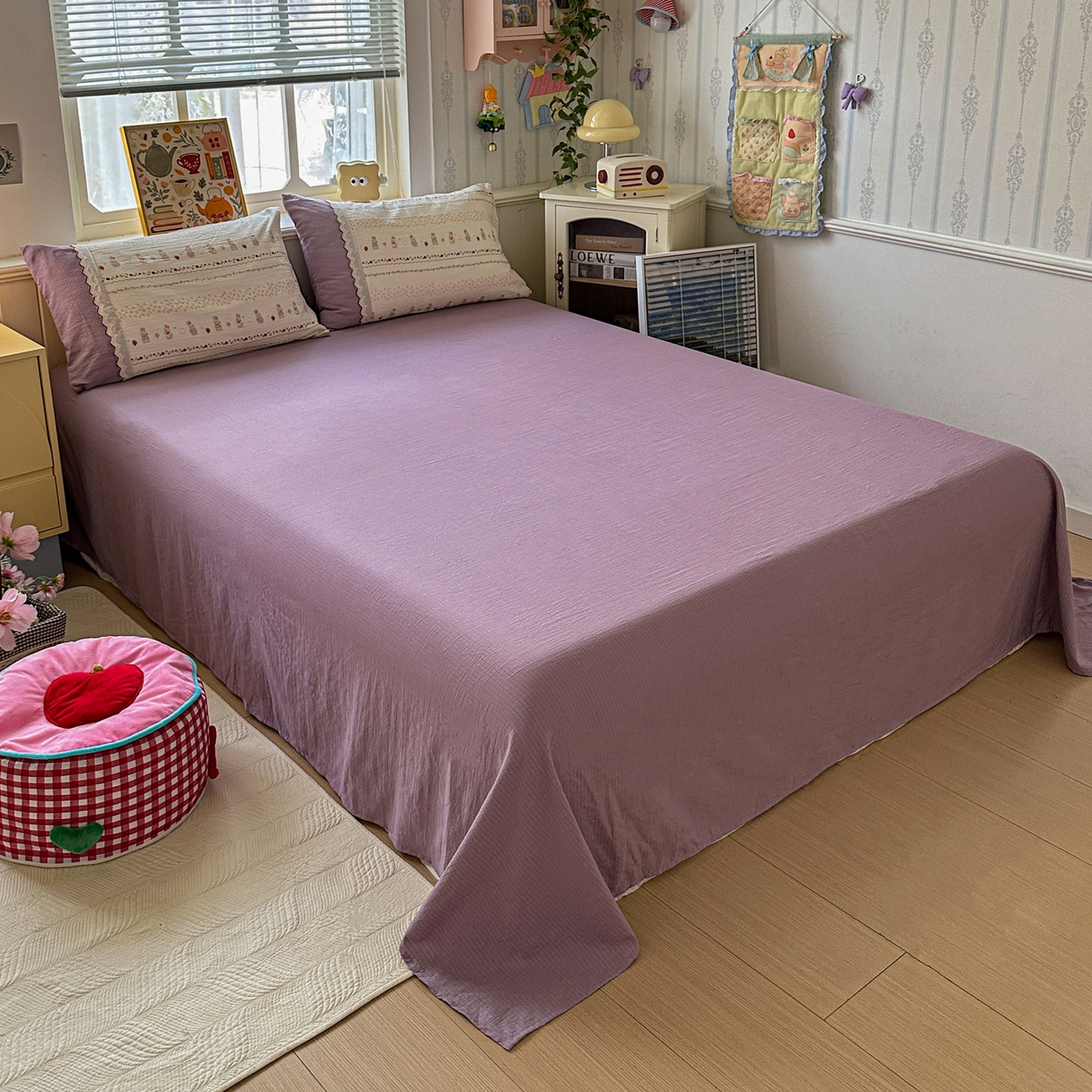 91家纺网 家纺一手货源 找家纺 水墨江南 2025新款云感皱皱纱全棉花边四件套场景一 花边款-快乐小兔