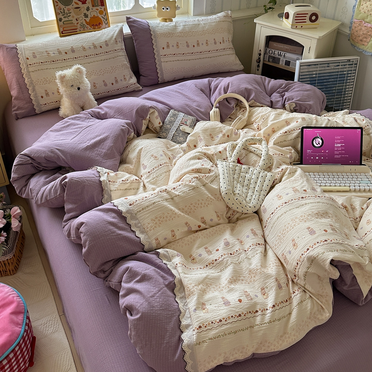 91家纺网 家纺一手货源 找家纺 水墨江南 2025新款云感皱皱纱全棉花边四件套场景一 花边款-快乐小兔