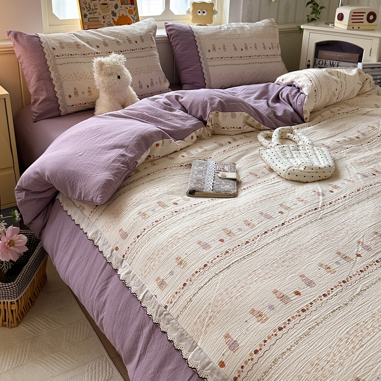 91家纺网 家纺一手货源 找家纺 水墨江南 2025新款云感皱皱纱全棉花边四件套场景一 花边款-快乐小兔