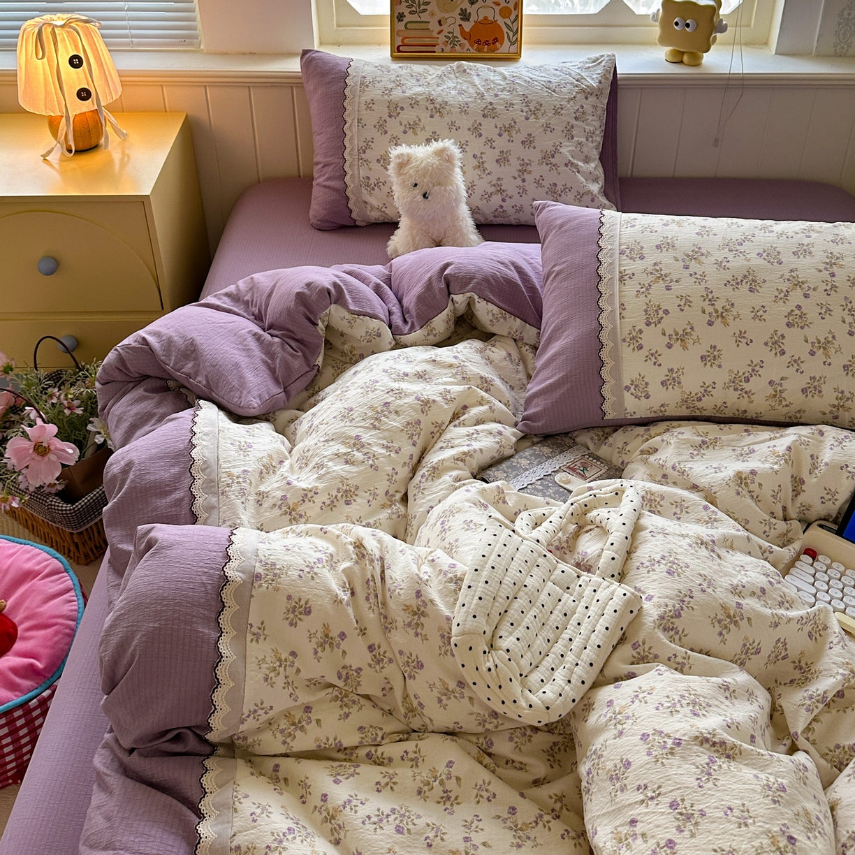 水墨江南 2025新款云感皱皱纱全棉花边四件套场景一 花边款-浪漫花枝