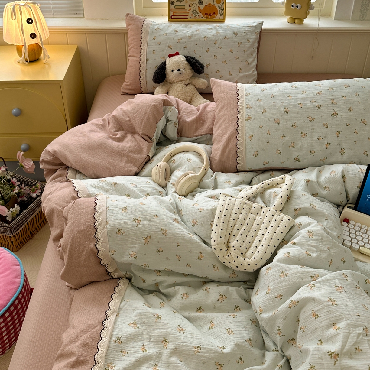 水墨江南 2025新款云感皱皱纱全棉花边四件套场景一 花边款-铃兰花