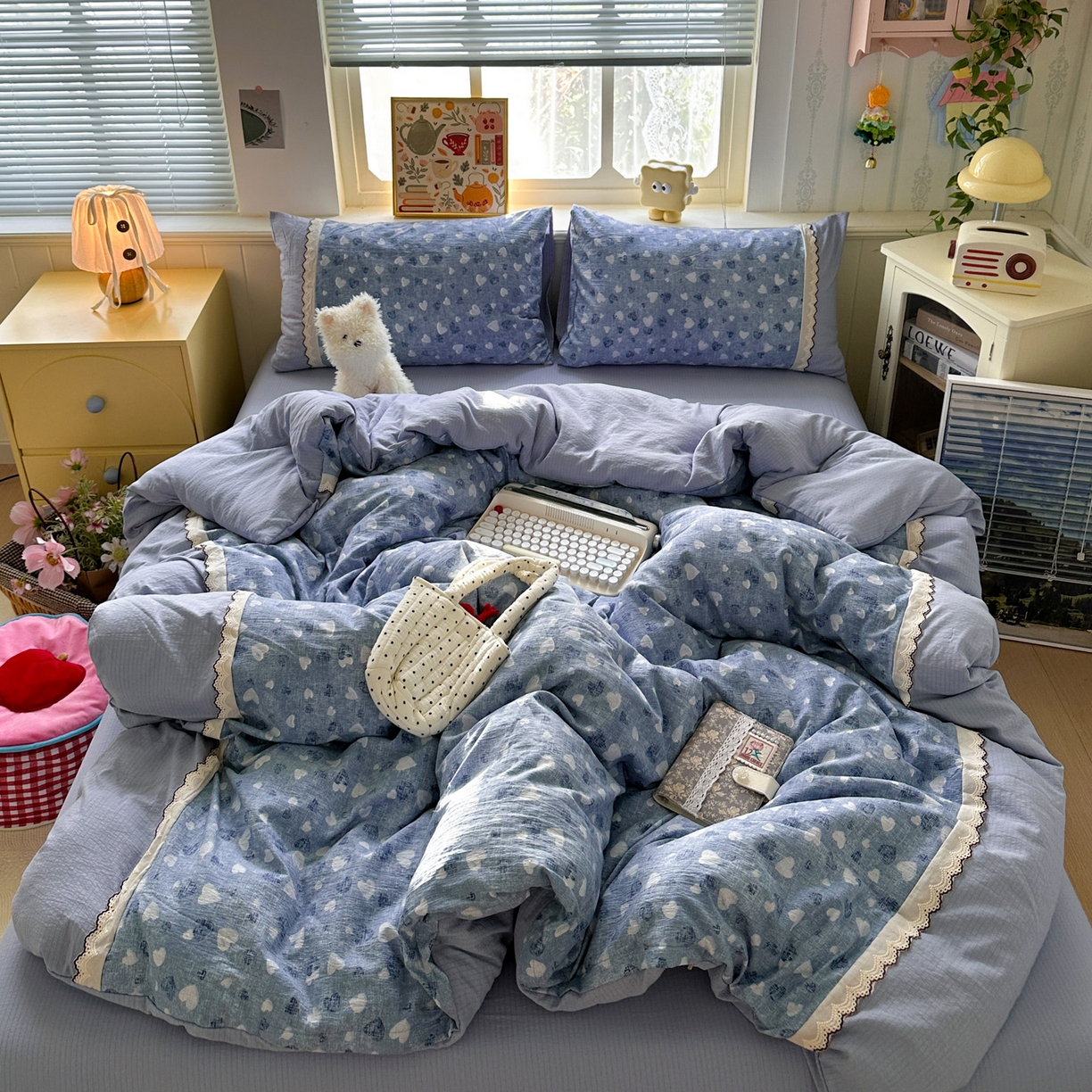 91家纺网 家纺一手货源 找家纺 水墨江南 2025新款云感皱皱纱全棉花边四件套场景一 花边款-小确幸