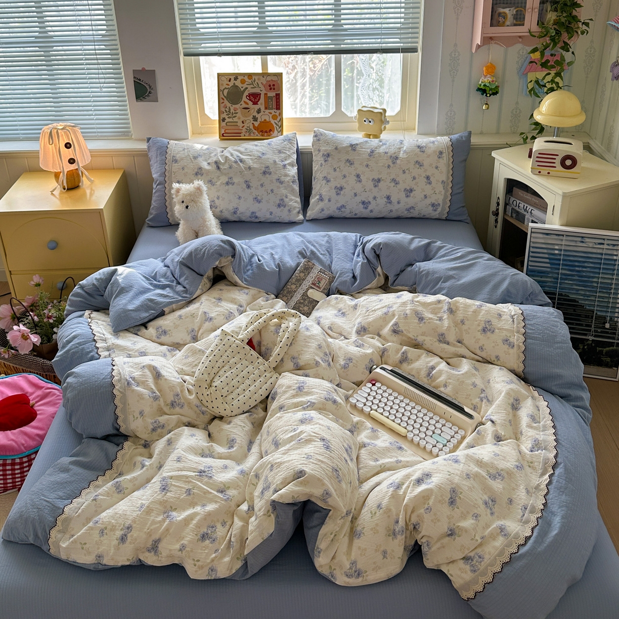 91家纺网 家纺一手货源 找家纺 水墨江南 2025新款云感皱皱纱全棉花边四件套场景一 花边款-幽香