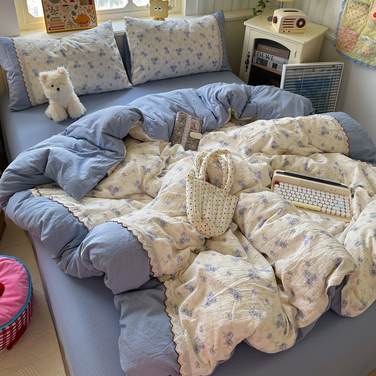 91家纺网 家纺一手货源 找家纺 水墨江南 2025新款云感皱皱纱全棉花边四件套场景一 花边款-幽香