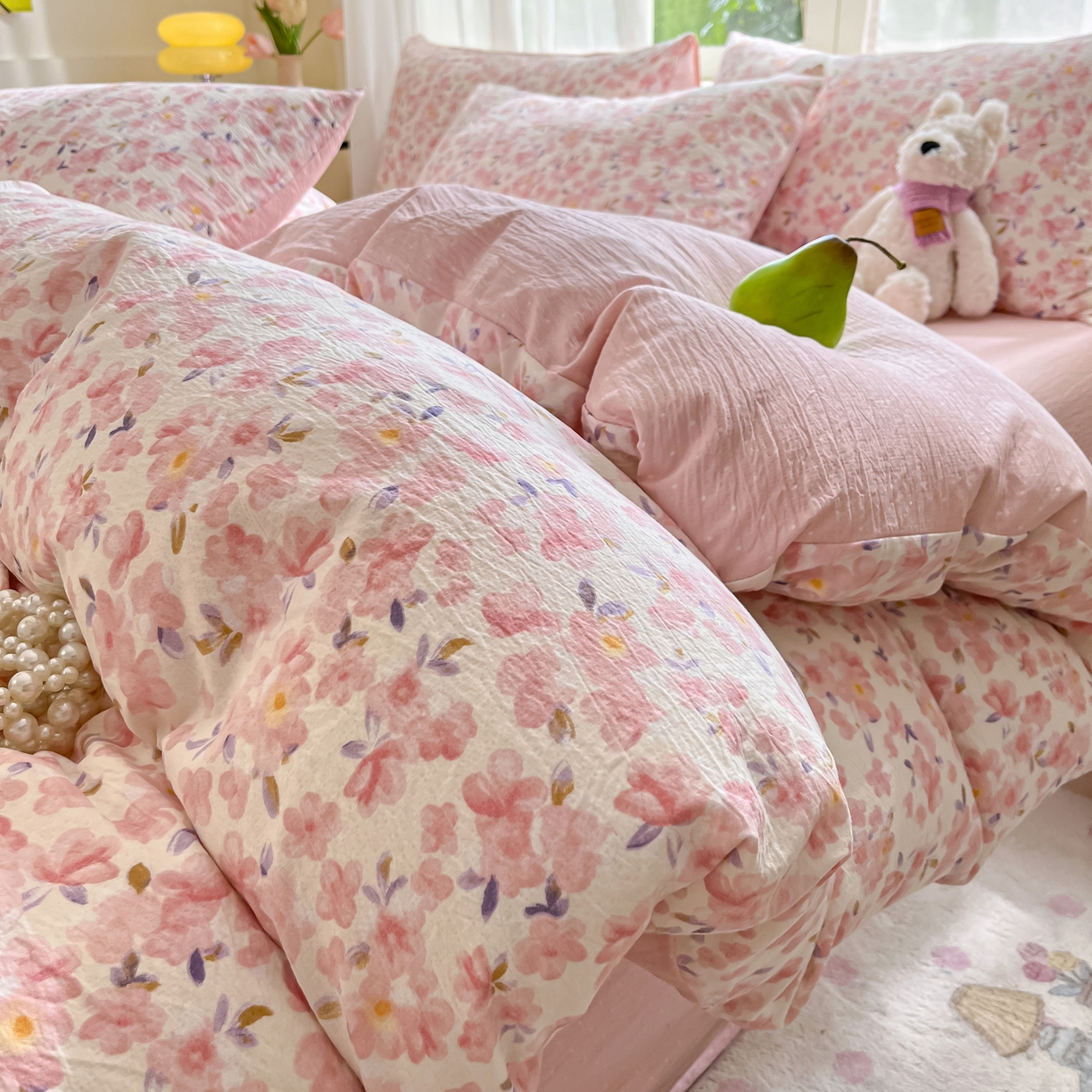 91家纺网 家纺一手货源 找家纺 （总）格真 2025秋冬新款110克高克重提花加厚皱皱纱双层纱四件套双面印花