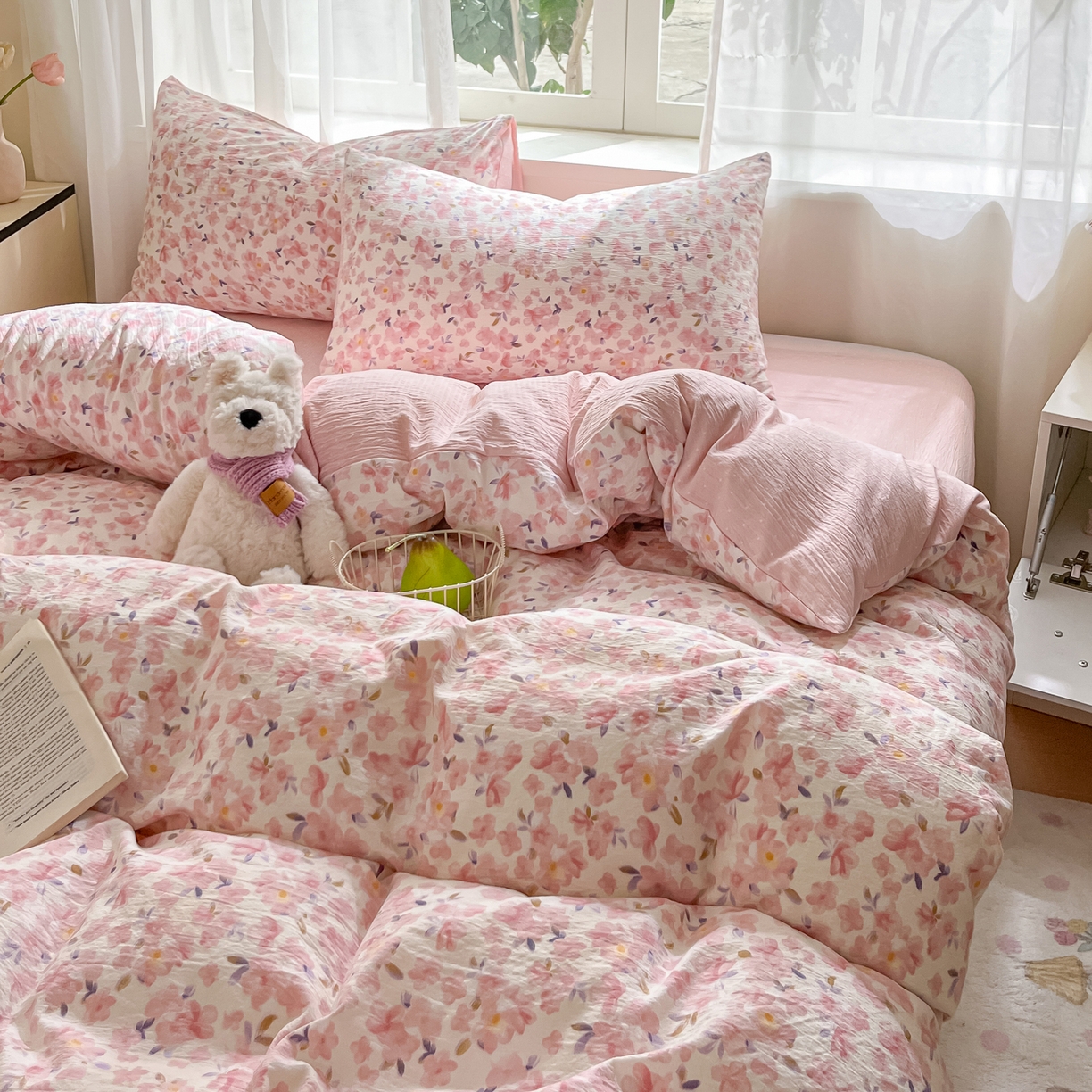 91家纺网 家纺一手货源 找家纺 （总）格真 2025秋冬新款110克高克重提花加厚皱皱纱双层纱四件套双面印花