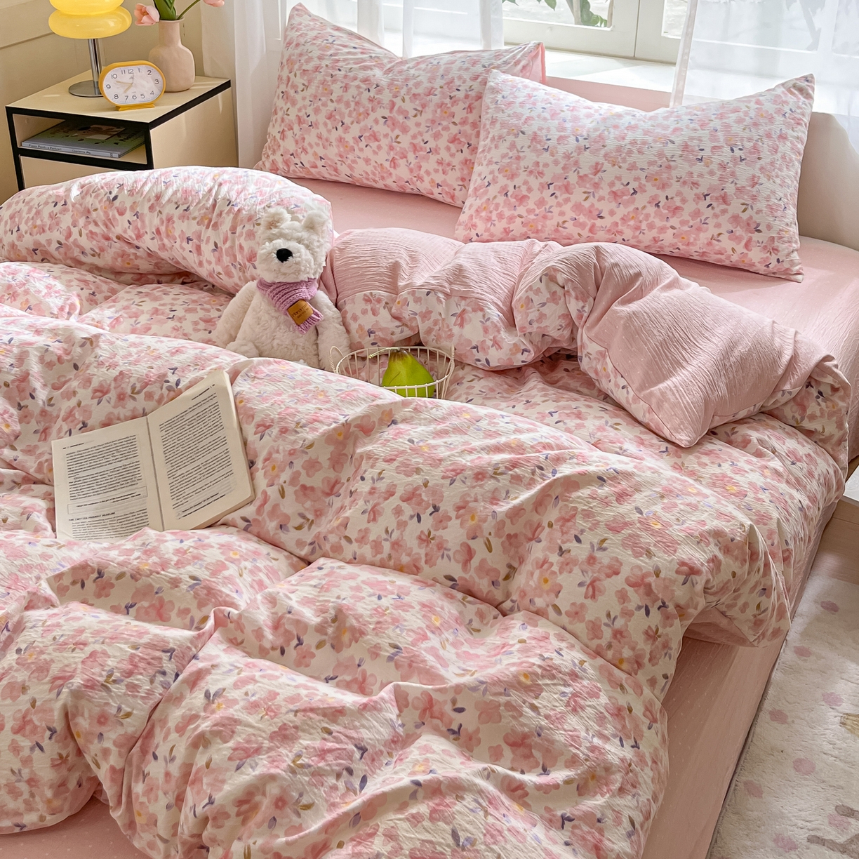 91家纺网 家纺一手货源 找家纺 （总）格真 2025秋冬新款110克高克重提花加厚皱皱纱双层纱四件套双面印花