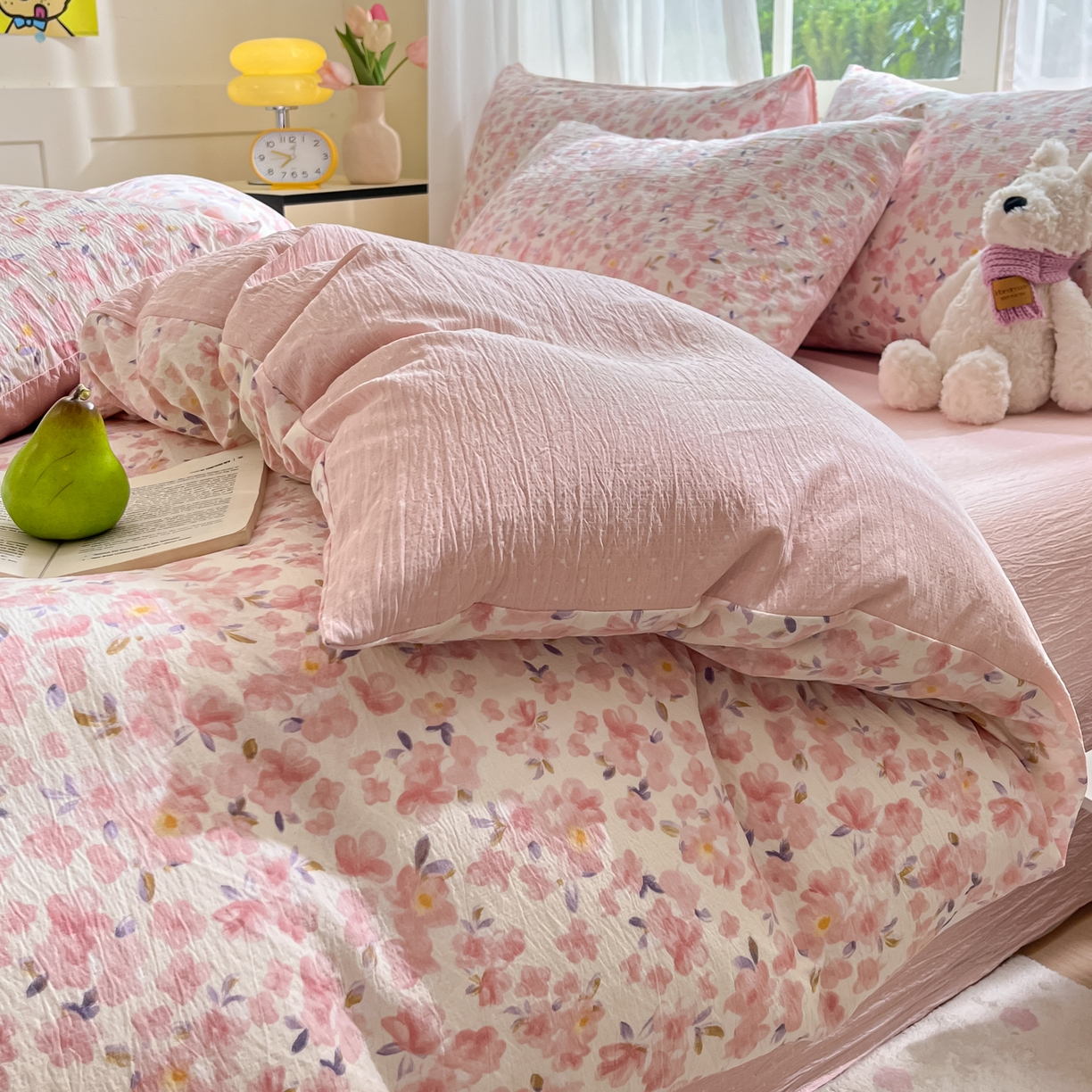 91家纺网 家纺一手货源 找家纺 （总）格真 2025秋冬新款110克高克重提花加厚皱皱纱双层纱四件套双面印花