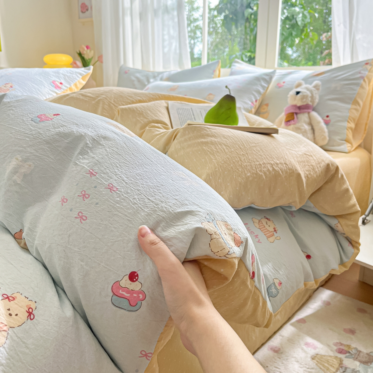 91家纺网 家纺一手货源 找家纺 （总）格真 2025秋冬新款110克高克重提花加厚皱皱纱双层纱四件套双面印花