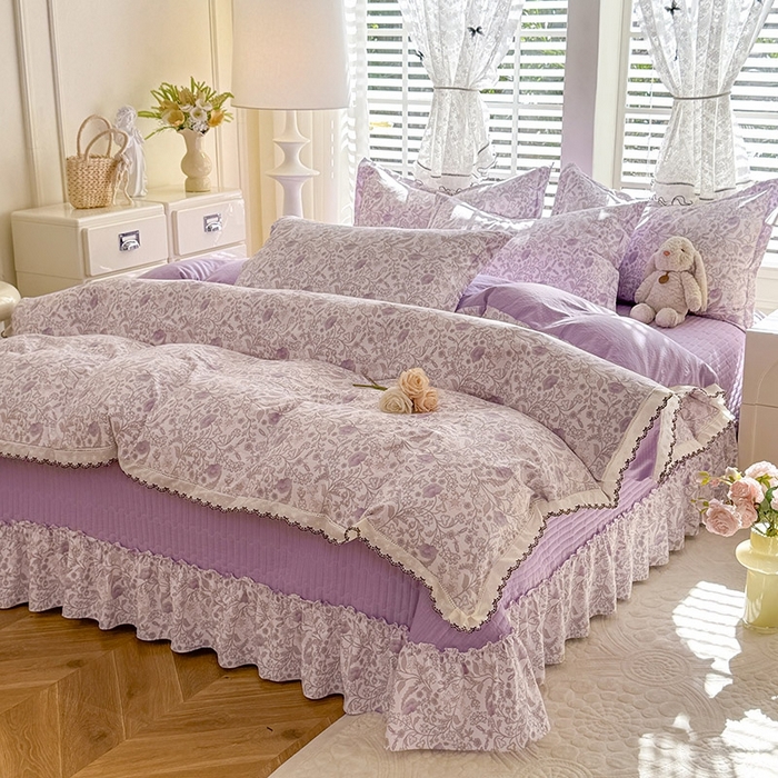 91家纺网 家纺一手货源 找家纺 （总）韩约家纺 2025新款全棉纯棉镂空双色刺绣花边法式床盖款棉麻四件套