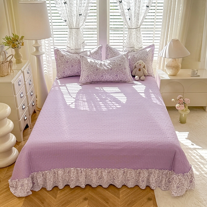 91家纺网 家纺一手货源 找家纺 （总）韩约家纺 2025新款全棉纯棉镂空双色刺绣花边法式床盖款棉麻四件套