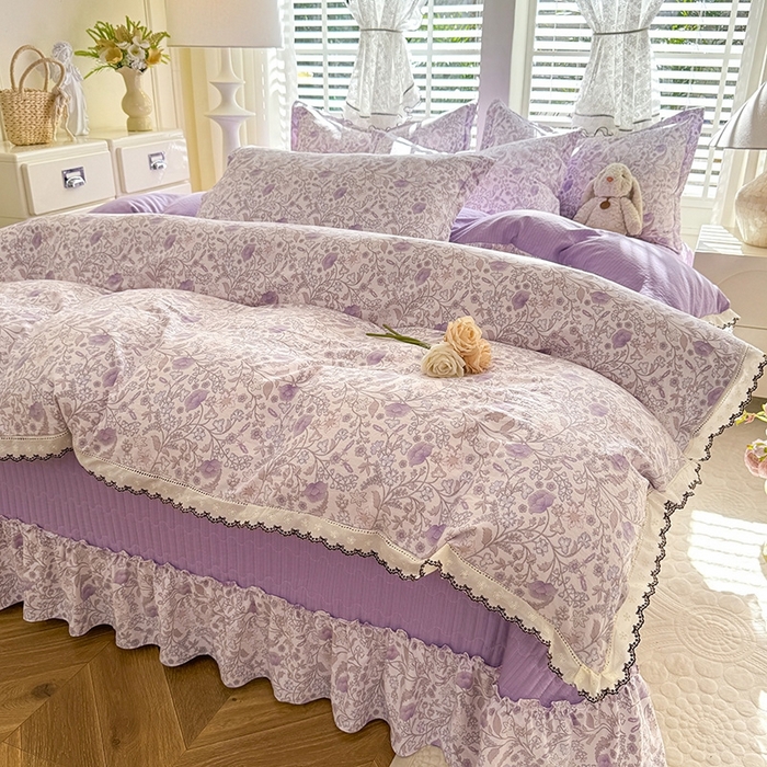 91家纺网 家纺一手货源 找家纺 （总）韩约家纺 2025新款全棉纯棉镂空双色刺绣花边法式床盖款棉麻四件套