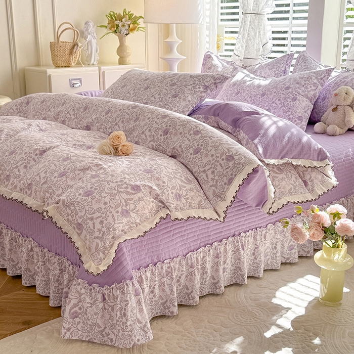 91家纺网 家纺一手货源 找家纺 （总）韩约家纺 2025新款全棉纯棉镂空双色刺绣花边法式床盖款棉麻四件套