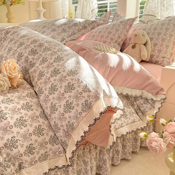 91家纺网 家纺一手货源 找家纺 （总）韩约家纺 2025新款全棉纯棉镂空双色刺绣花边法式床盖款棉麻四件套