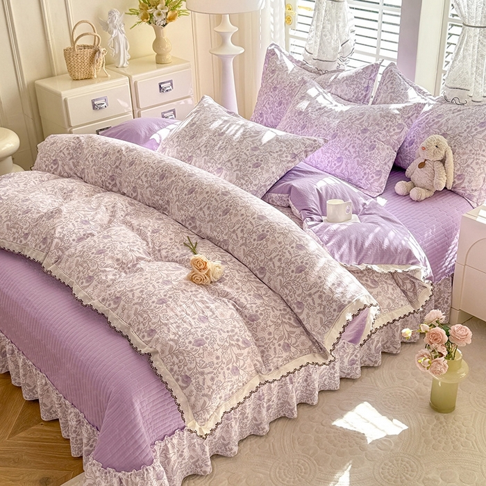 91家纺网 家纺一手货源 找家纺 （总）韩约家纺 2025新款全棉纯棉镂空双色刺绣花边法式床盖款棉麻四件套