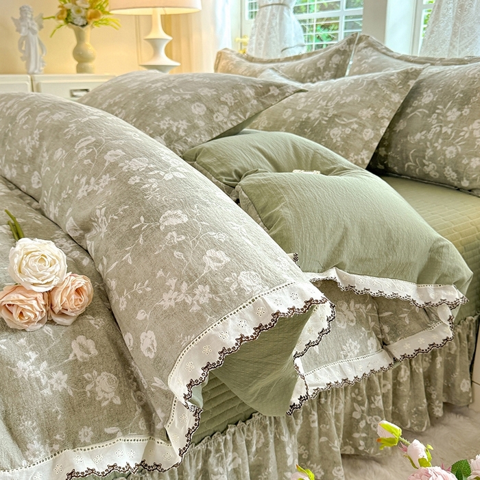 91家纺网 家纺一手货源 找家纺 （总）韩约家纺 2025新款全棉纯棉镂空双色刺绣花边法式床盖款棉麻四件套