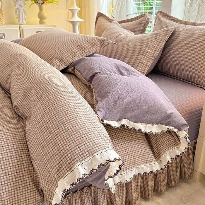 91家纺网 家纺一手货源 找家纺 （总）韩约家纺 2025新款全棉纯棉镂空双色刺绣花边法式床盖款棉麻四件套