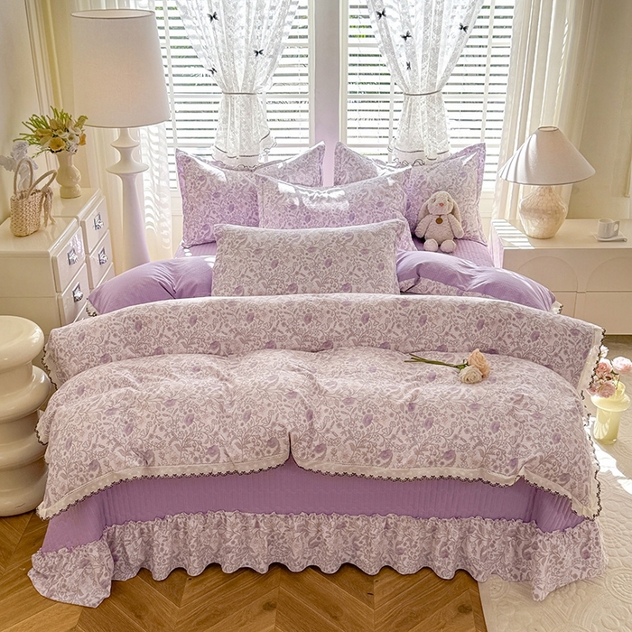 91家纺网 家纺一手货源 找家纺 （总）韩约家纺 2025新款全棉纯棉镂空双色刺绣花边法式床盖款棉麻四件套