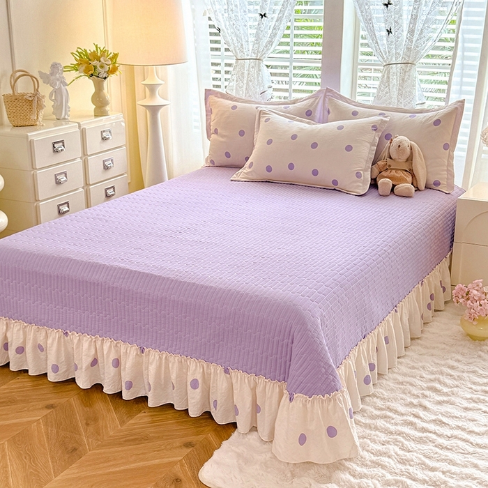 91家纺网 家纺一手货源 找家纺 韩约家纺 2025新款全棉纯棉镂空双色刺绣花边法式床盖款棉麻四件套 波波紫