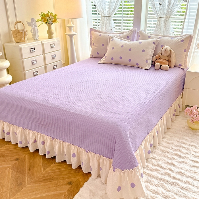 91家纺网 家纺一手货源 找家纺 韩约家纺 2025新款全棉纯棉镂空双色刺绣花边法式床盖款棉麻四件套 波波紫