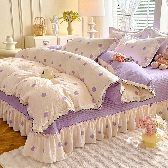 91家纺网 家纺一手货源 找家纺 韩约家纺 2025新款全棉纯棉镂空双色刺绣花边法式床盖款棉麻四件套 波波紫