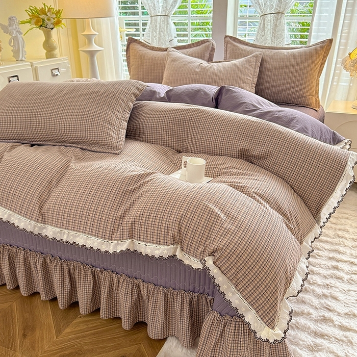 91家纺网 家纺一手货源 找家纺 韩约家纺 2025新款全棉纯棉镂空双色刺绣花边法式床盖款棉麻四件套 简熙