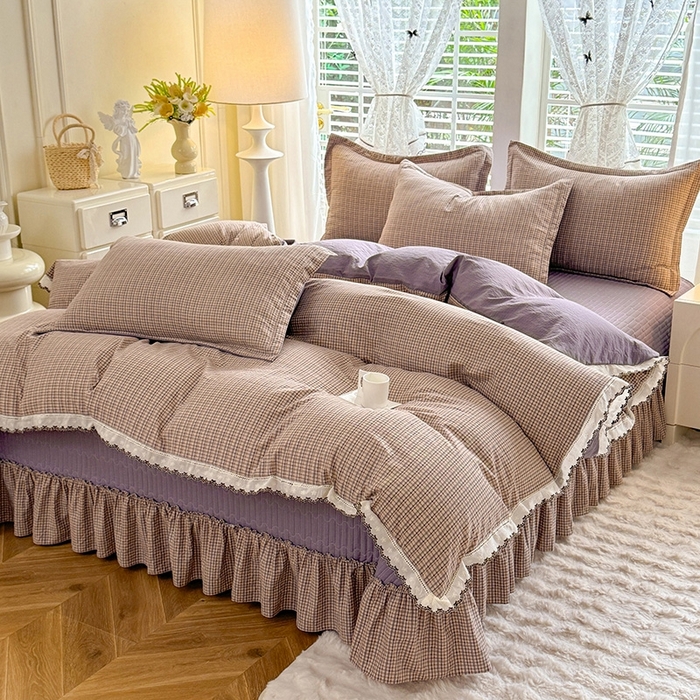 91家纺网 家纺一手货源 找家纺 韩约家纺 2025新款全棉纯棉镂空双色刺绣花边法式床盖款棉麻四件套 简熙