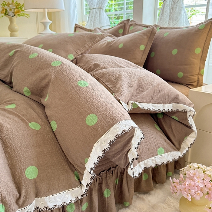 韩约家纺 2025新款全棉纯棉镂空双色刺绣花边法式床盖款棉麻四件套 波波绿