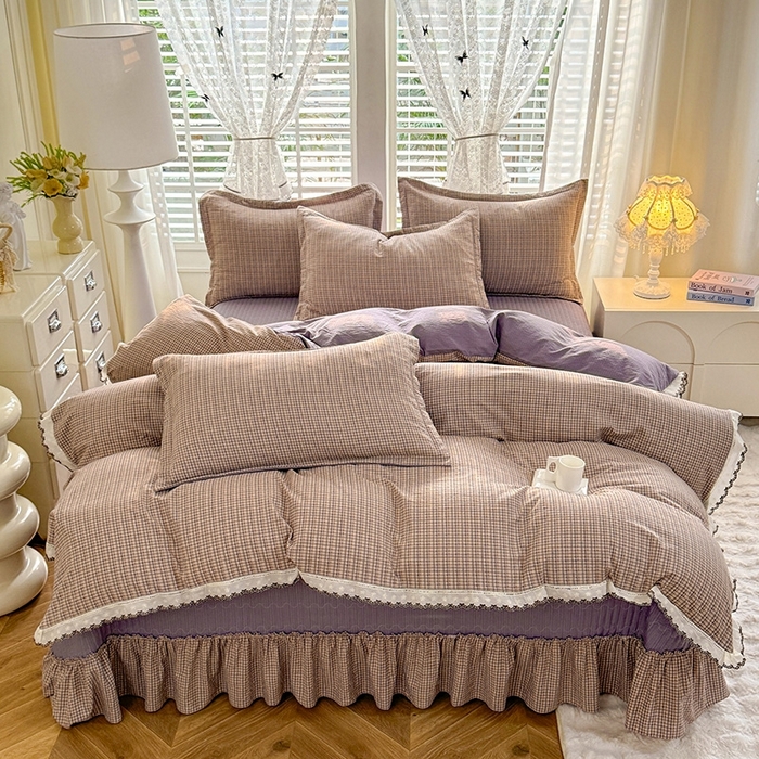 91家纺网 家纺一手货源 找家纺 韩约家纺 2025新款全棉纯棉镂空双色刺绣花边法式床盖款棉麻四件套 简熙