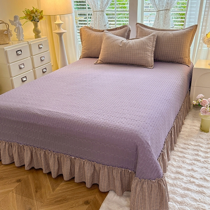 91家纺网 家纺一手货源 找家纺 韩约家纺 2025新款全棉纯棉镂空双色刺绣花边法式床盖款棉麻四件套 简熙