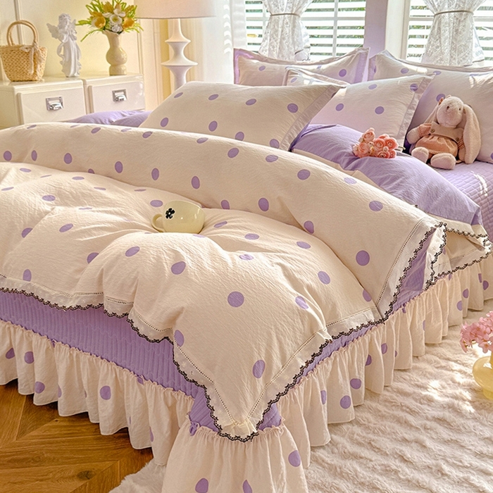 91家纺网 家纺一手货源 找家纺 韩约家纺 2025新款全棉纯棉镂空双色刺绣花边法式床盖款棉麻四件套 波波紫