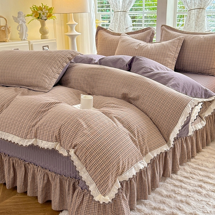 91家纺网 家纺一手货源 找家纺 韩约家纺 2025新款全棉纯棉镂空双色刺绣花边法式床盖款棉麻四件套 简熙