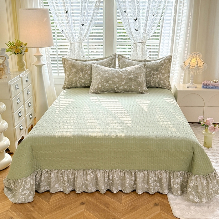 91家纺网 家纺一手货源 找家纺 韩约家纺 2025新款全棉纯棉镂空双色刺绣花边法式床盖款棉麻四件套 美伊