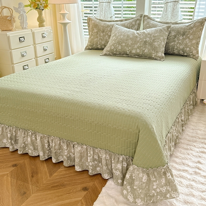 91家纺网 家纺一手货源 找家纺 韩约家纺 2025新款全棉纯棉镂空双色刺绣花边法式床盖款棉麻四件套 美伊